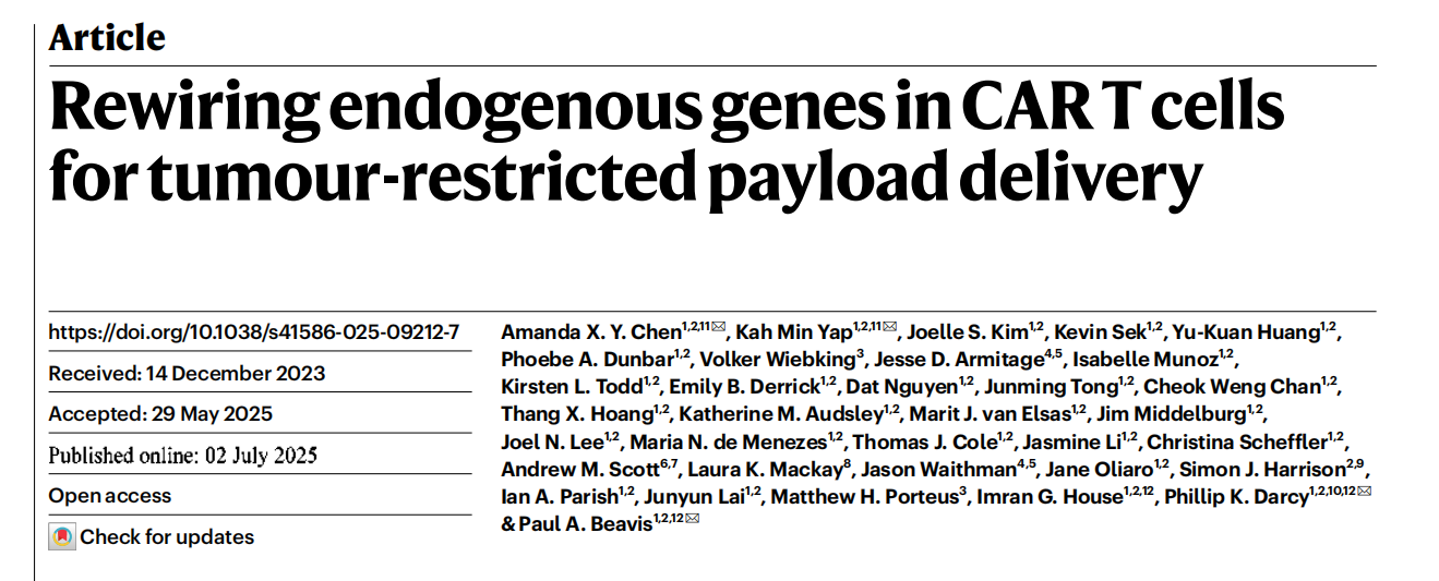 Rewiring endogenous genes in CAR-T cells for tumour-restricted payload delivery